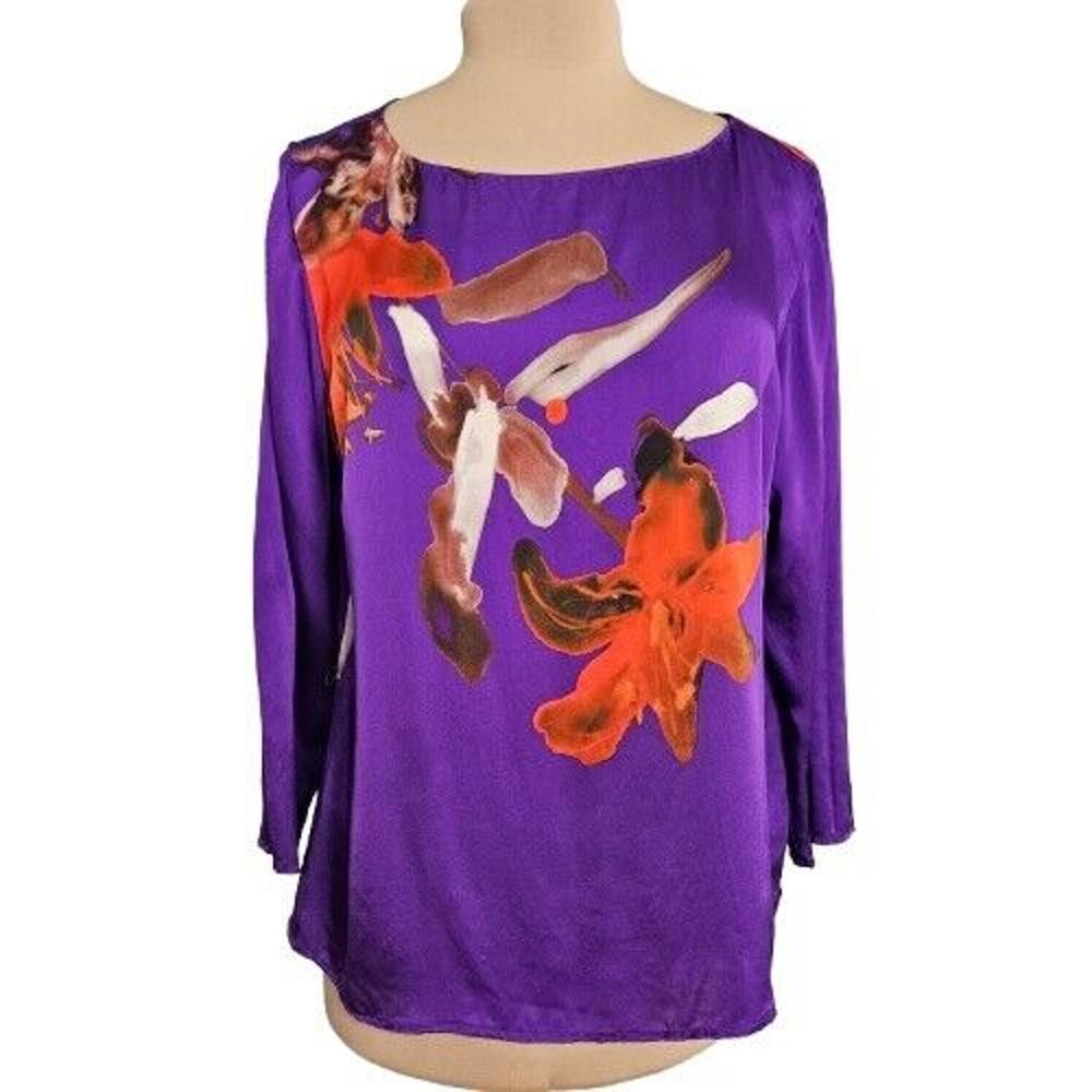 Elie Tahari Blouse Top XL Purple Silk Long Sleeve Pullover Round Neck Floral